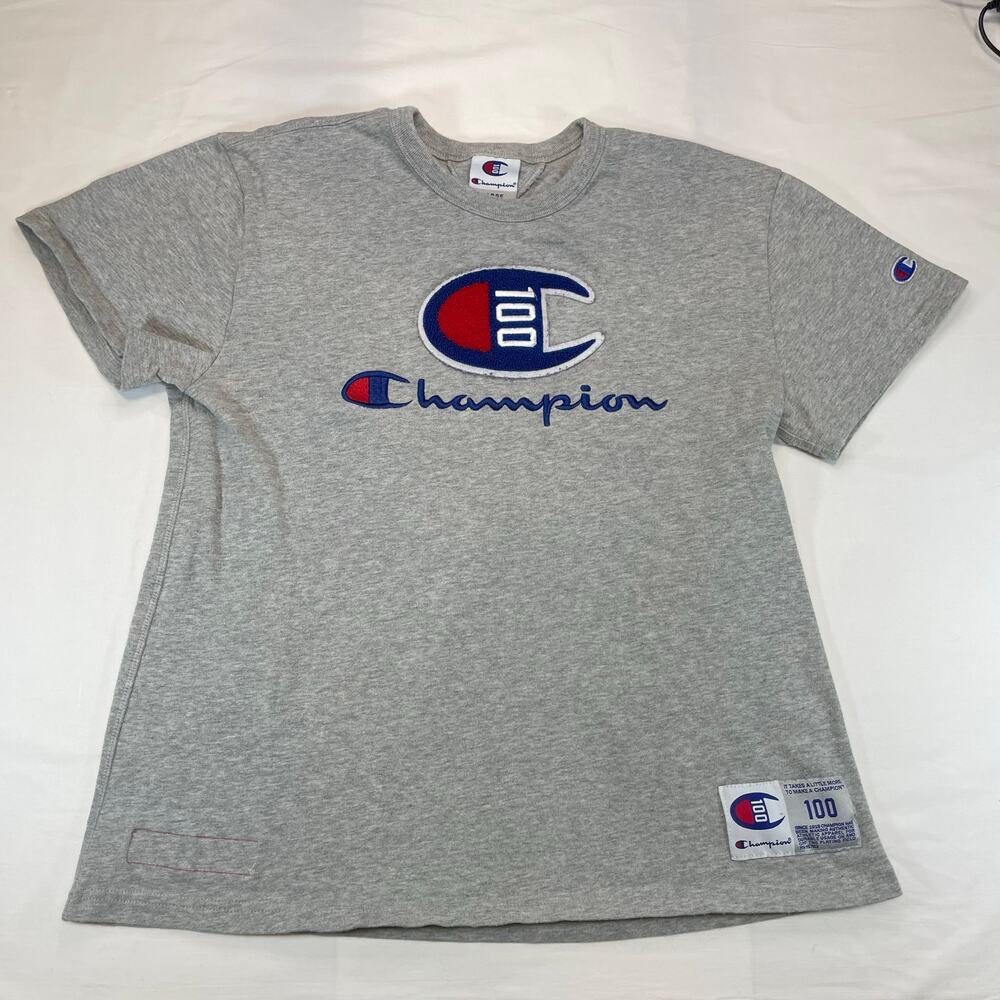 Champion 100 Year Anniversary Embroidered Logo T-Shirt Gray Boys Large